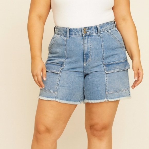 Democracy AB Technology jean denim shorts stretch front hip pockets raw hem S 12 - Picture 1 of 9